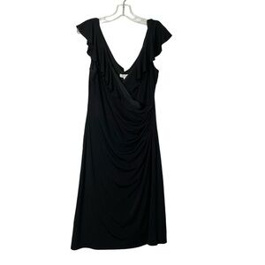 NWT WHBM Black Knit Ruffle V-Neck Side Ruched Dress Womens